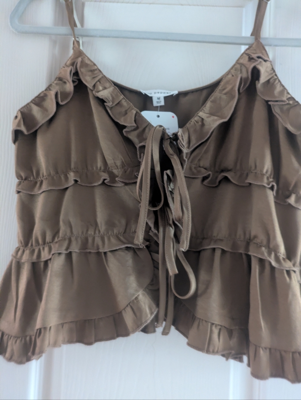 Oak & Sage Olive Brown Satin Ruffle Tie-Front Cami